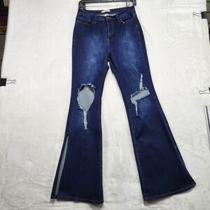Vibe & Rant Dark Wash Flared Bell Bottom Jeans Ripped Slit Detail Size 11 W30